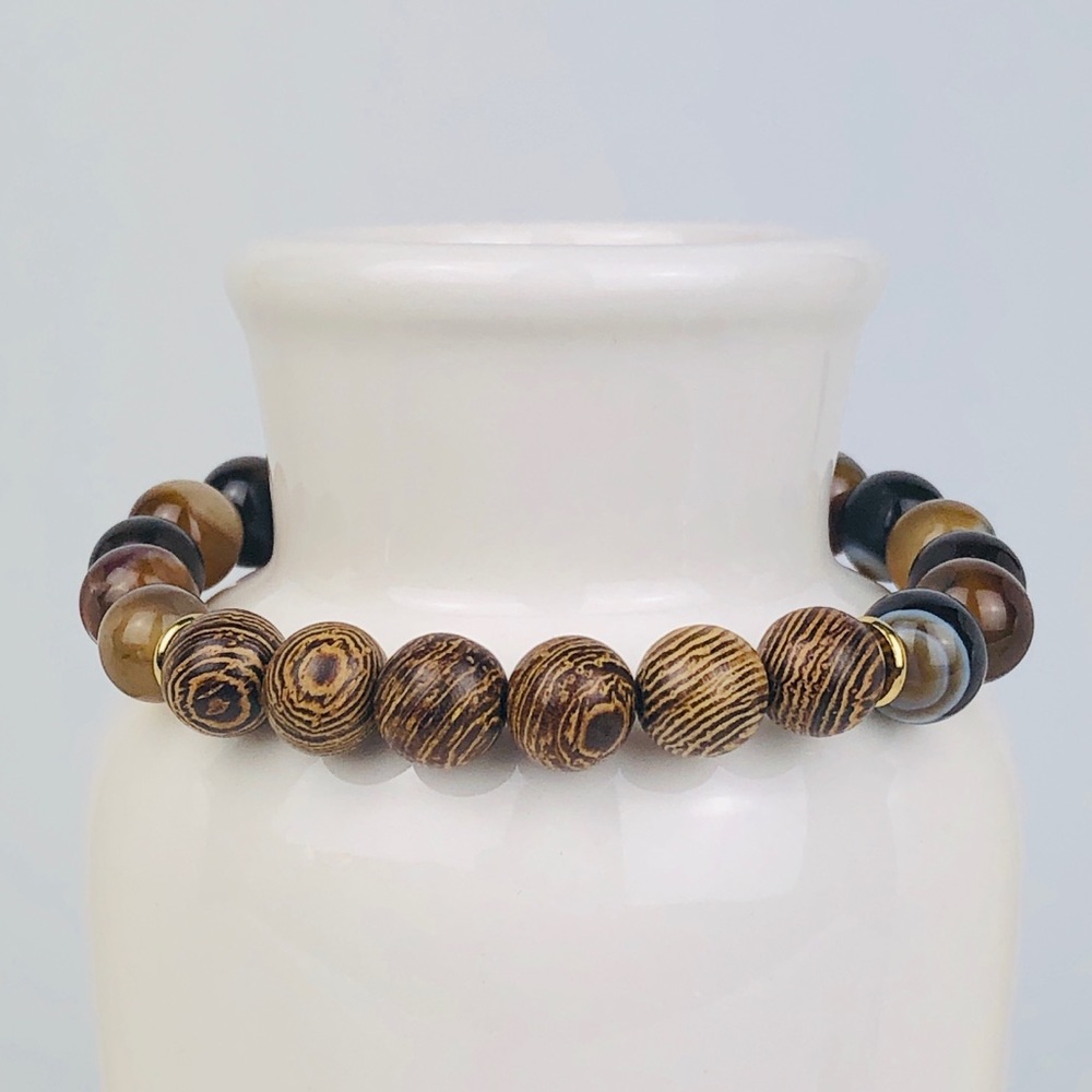AGATE | Coffee Striped Agate & Wood Bracelet